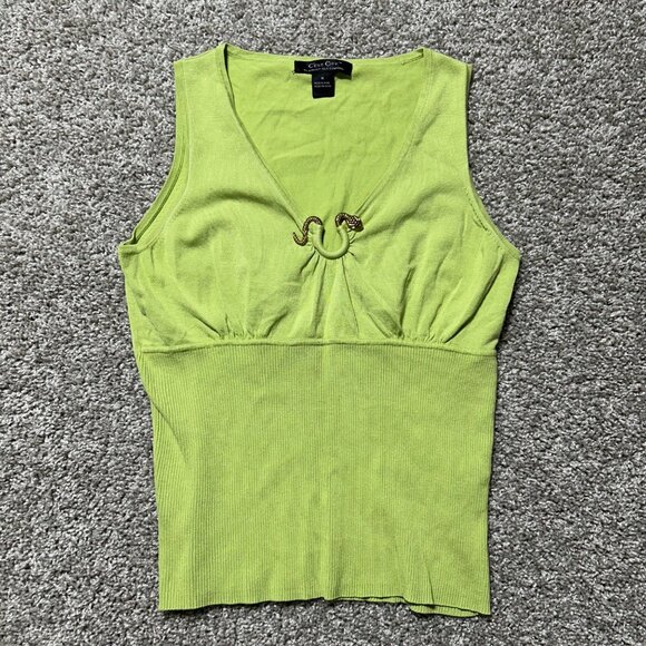 Cest City Green Sleeveless Top W/ Gold Snake Detail V-Neck Ribbed Waist - Picture 2 of 7